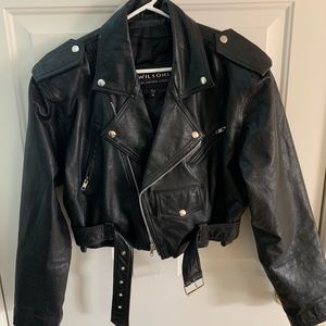 Cropped leather biker jacket.